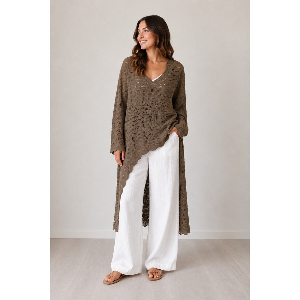 KNIT MIX Pointelle Crochet‎ Tunic Sweater Beachy Lagenlook Boho Festival Brown M